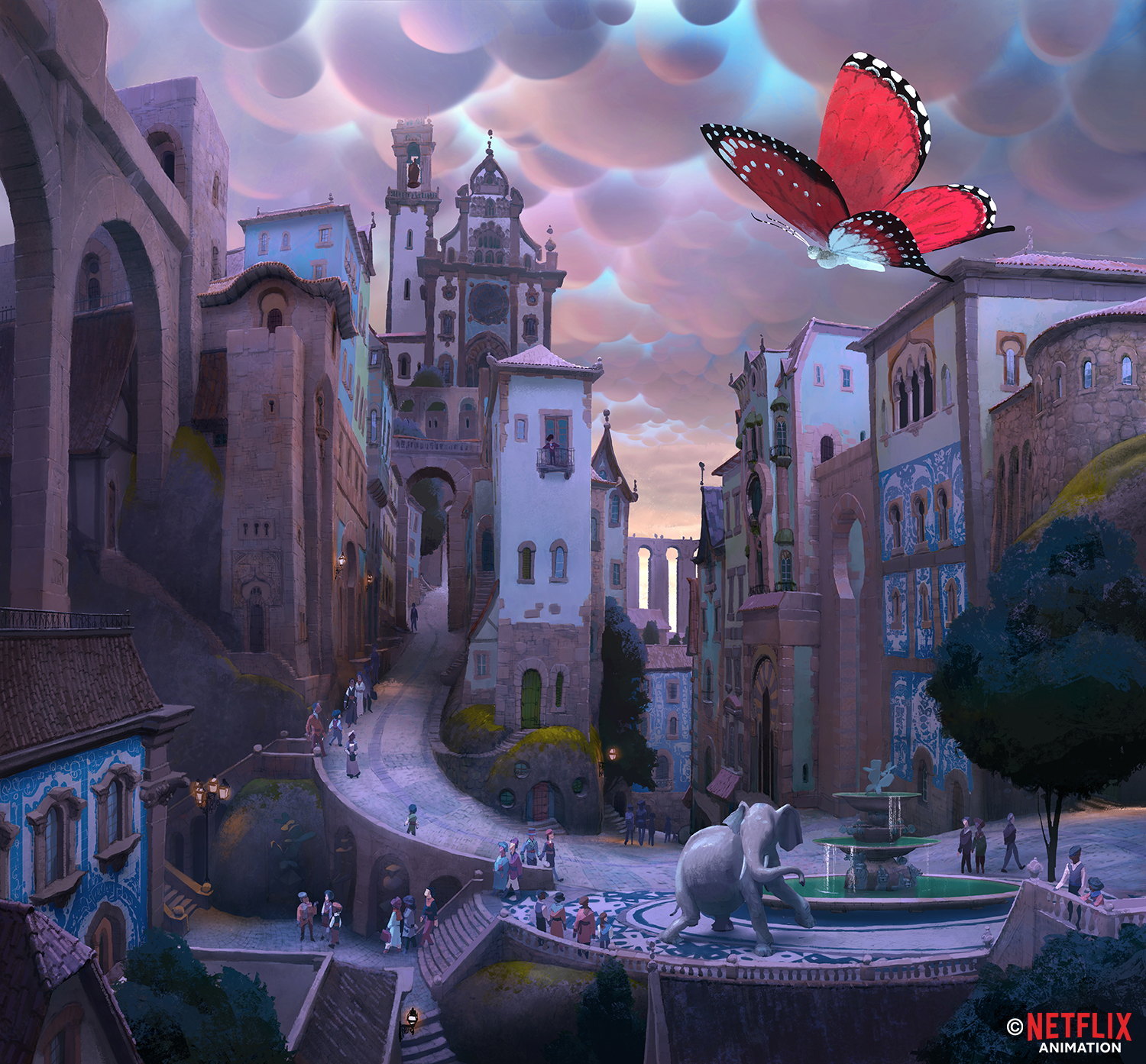 The Magician’s Elephant: hill town, fountain, and butterfly